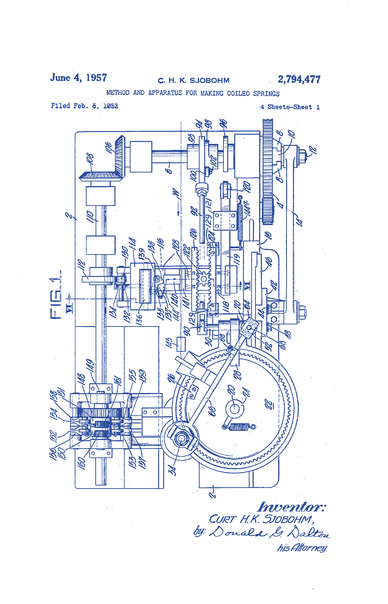 United States patent drawing of a helical spring mechanism, rendered as cyanotype line art on the white sheet