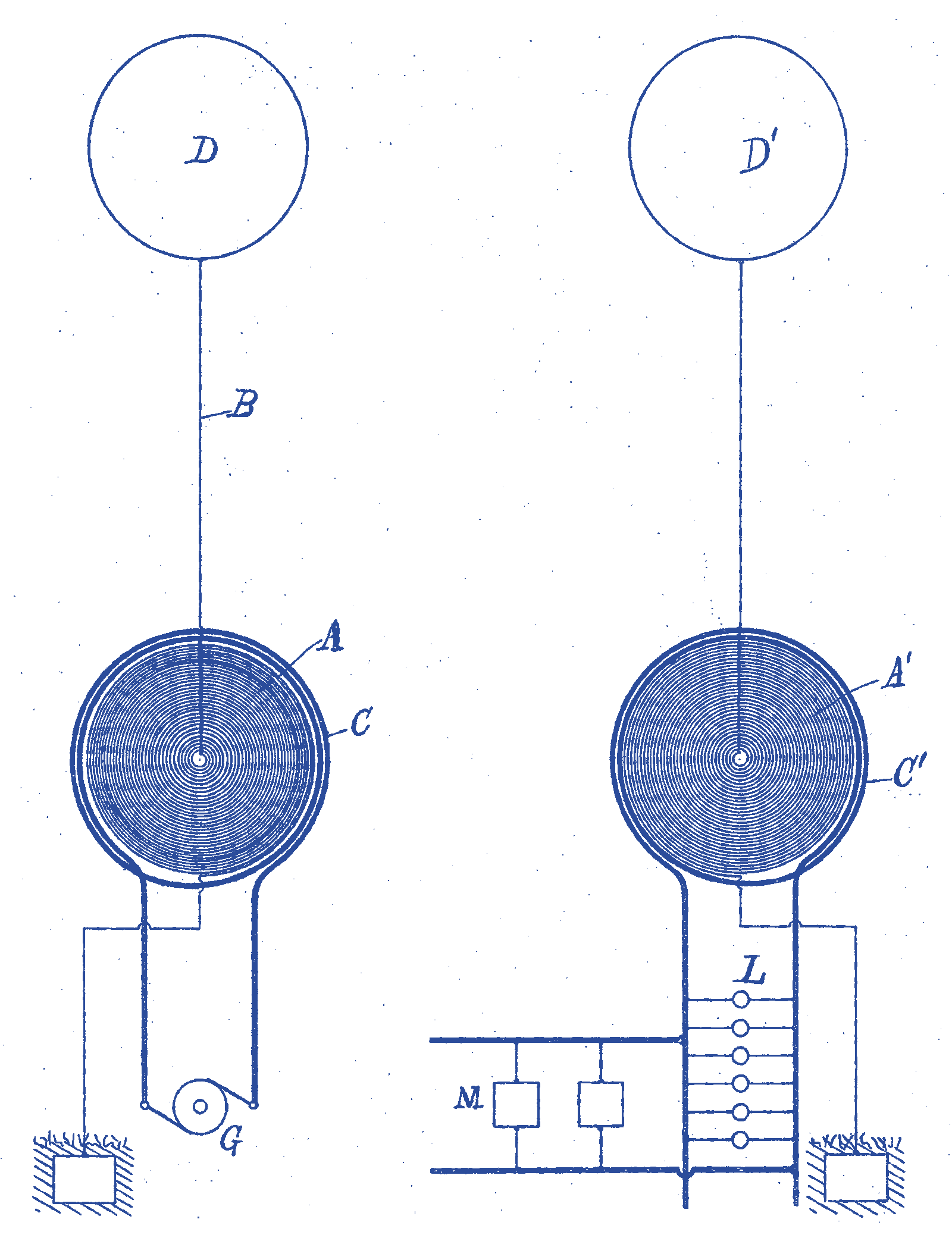 Drawing from US Patent 645,576, Nikola Tesla, 1897 — system of transmission of electrical energy — rendered as cyanotype line art on the white sheet